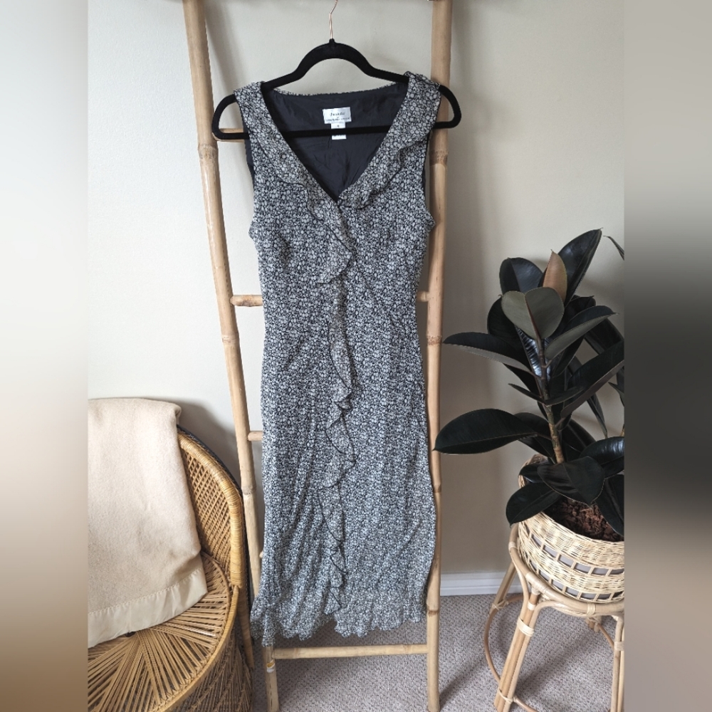 Vintage 90s black and white floral silk dress